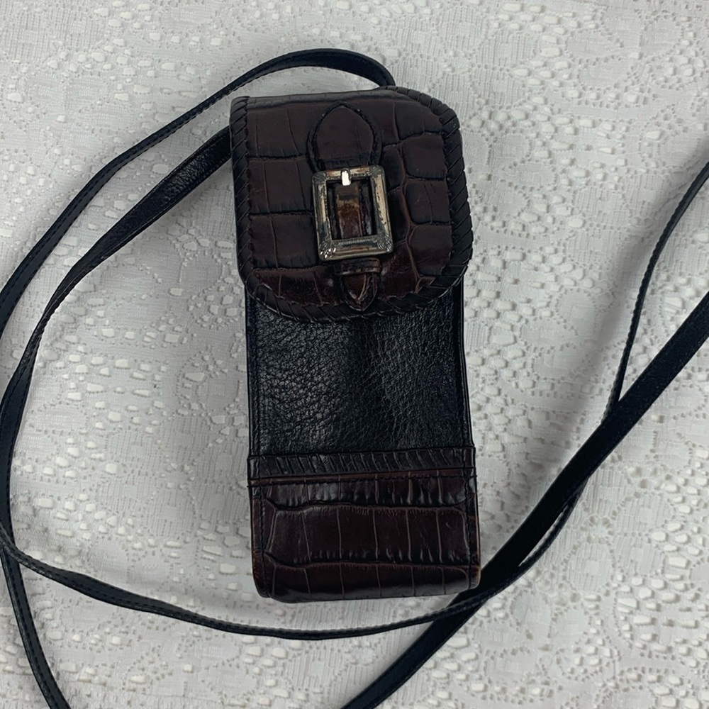 Brighton Vintage Leather Mini Crossbody Bag Brown Black Silver Hardware Snap
